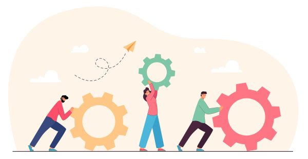 Teamwork of tiny people with gears and cogwheels